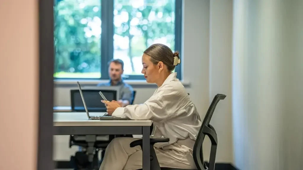 Woman working on a laptop at a desk in a quiet office with a window view of trees.